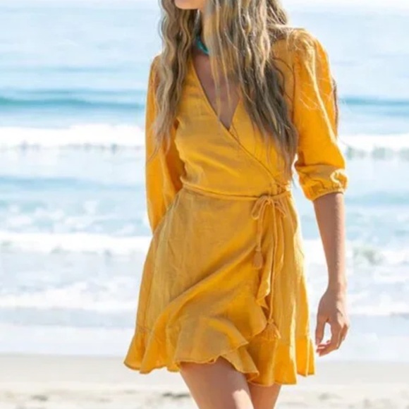 Honorine golden yellow gauze wrap style swim cover up - Picture 1 of 9